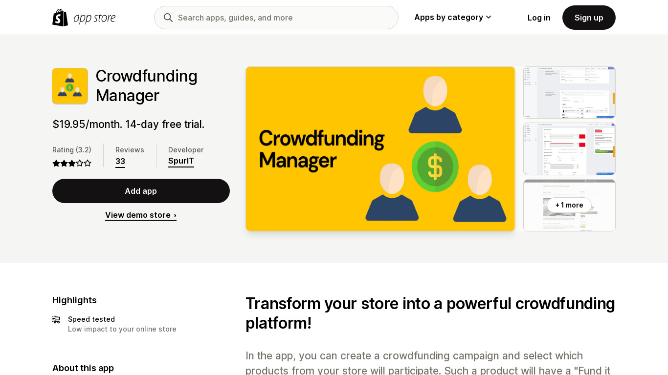 Shopify Crowdfunding Manager App Landing page