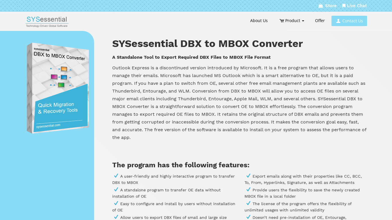 SYSessential DBX to MBOX Converter Landing page