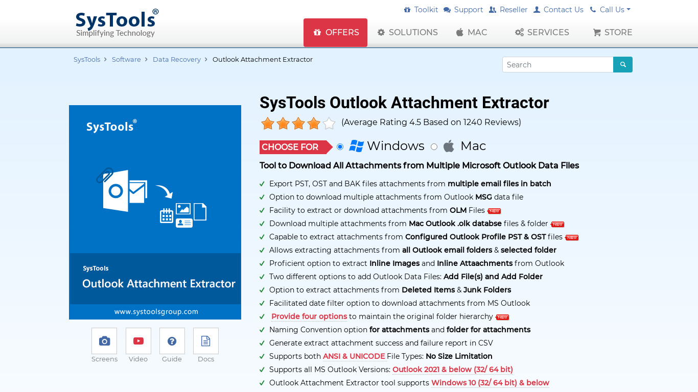 SysTools Outlook Attachment Extractor Landing page