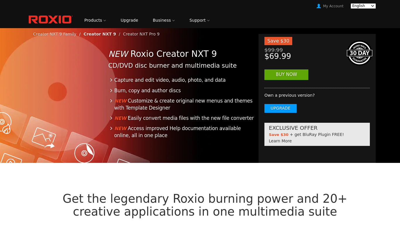 Roxio Creator Landing page