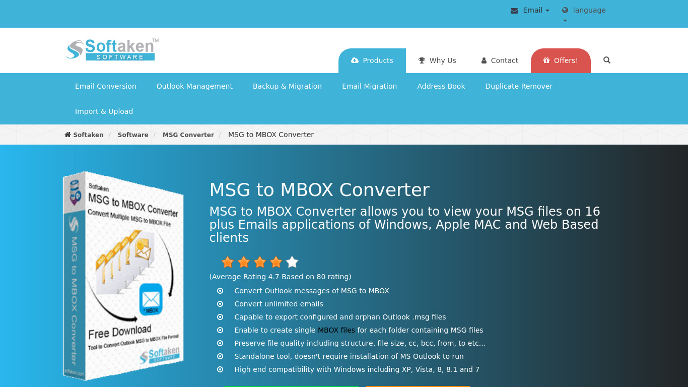 Softaken MSG to MBOX Converter Landing page