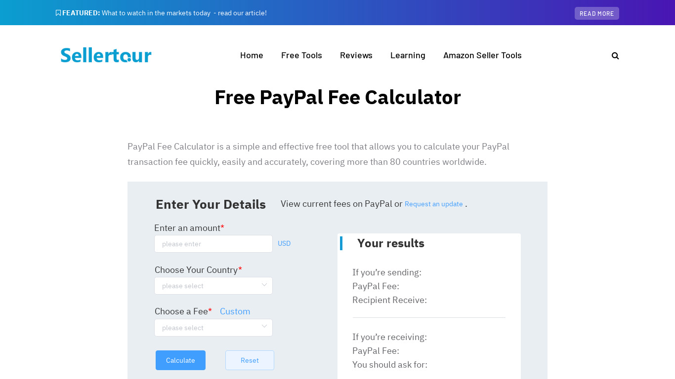 Sellertour PayPal fee Calculator Landing page