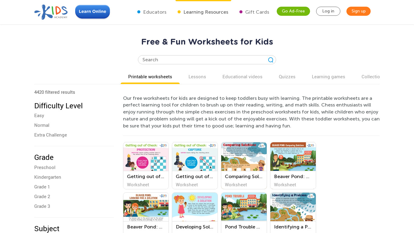 Preschool Games for Kids Landing page