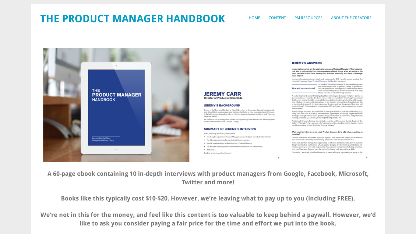 Product Manager Handbook Landing page
