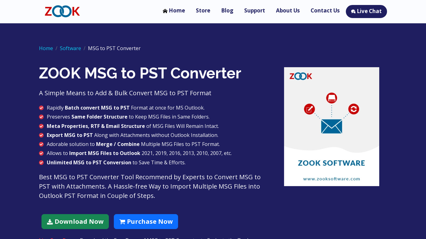 ZOOK MSG to PST Converter Landing page