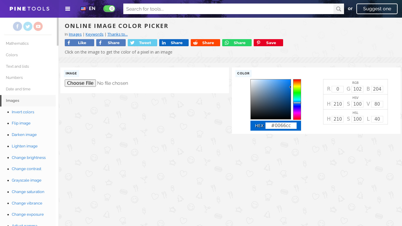 Image Color Picker by PineTools Landing page