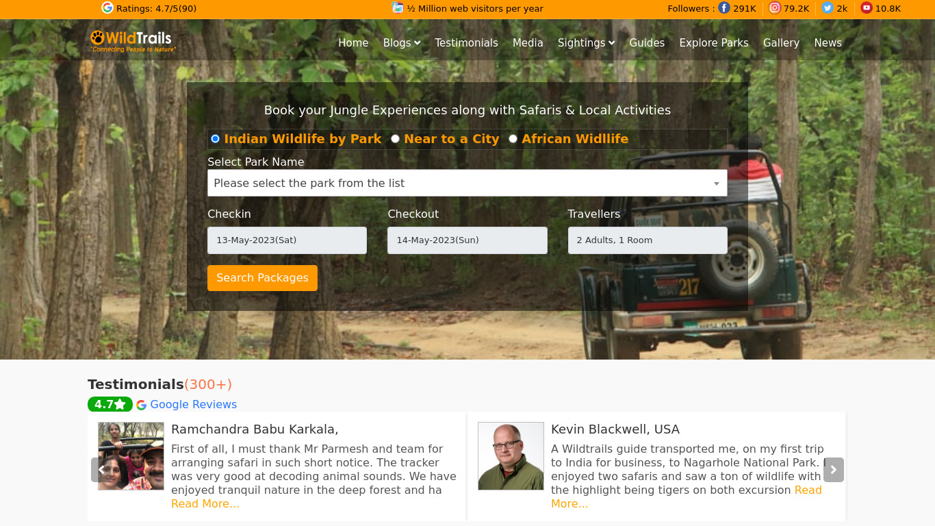 WildTrails India Landing page