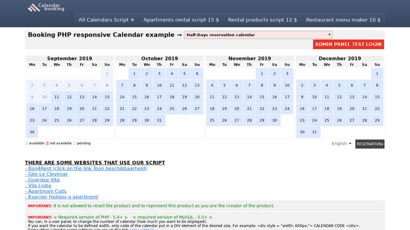 Availability Booking PHP Calendar Landing Page