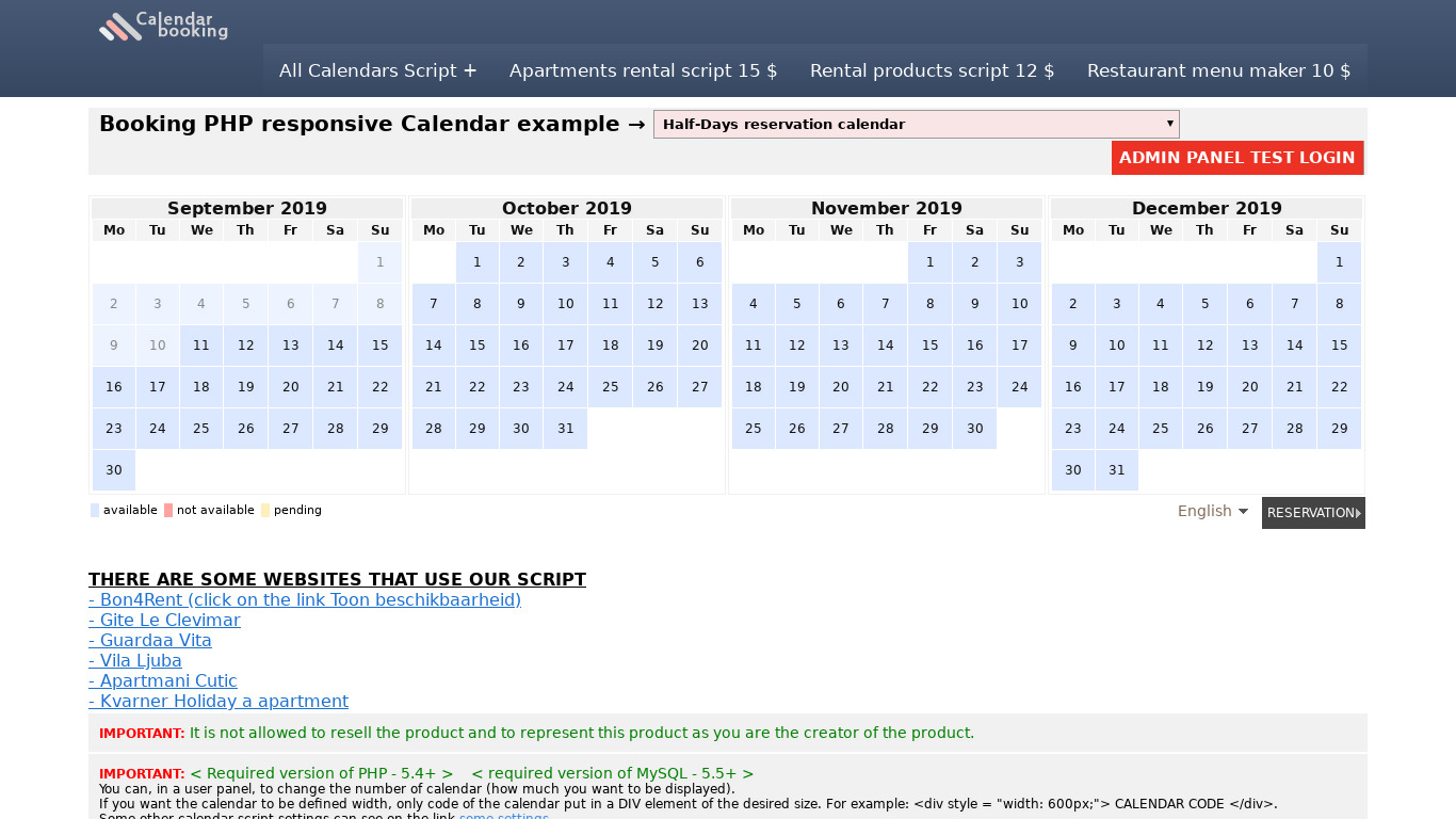Availability Booking PHP Calendar Landing page