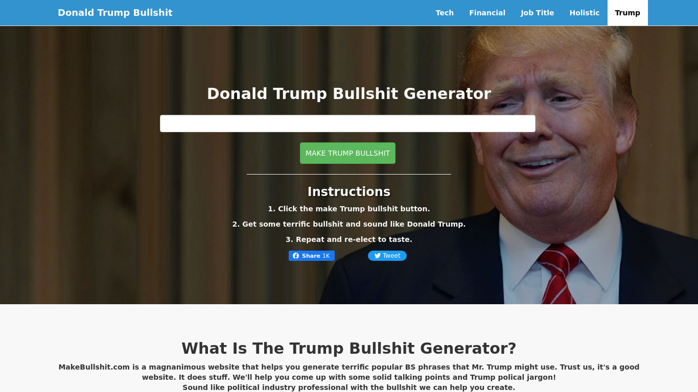 The Donald Trump Bullshit Generator Landing page