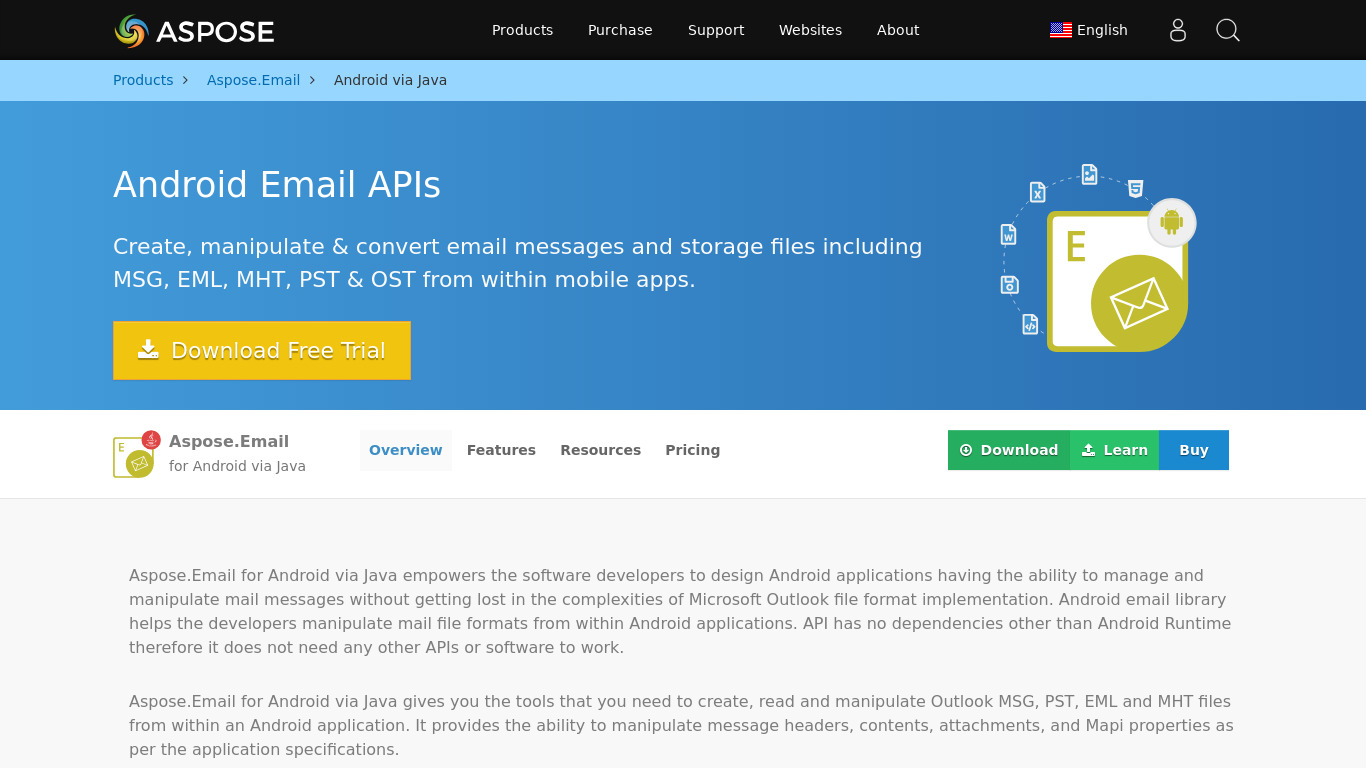 Aspose.Email for Android Landing page