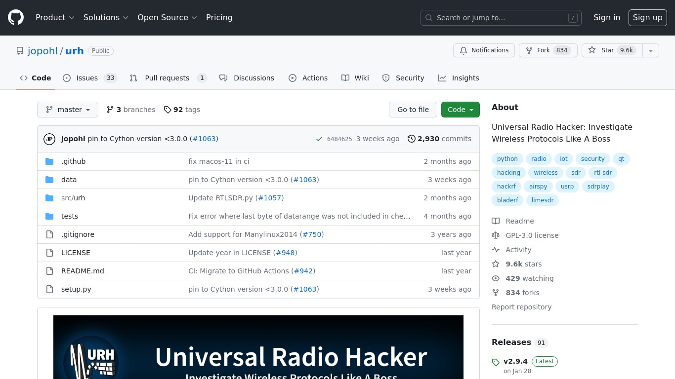 Universal Radio Hacker Landing page