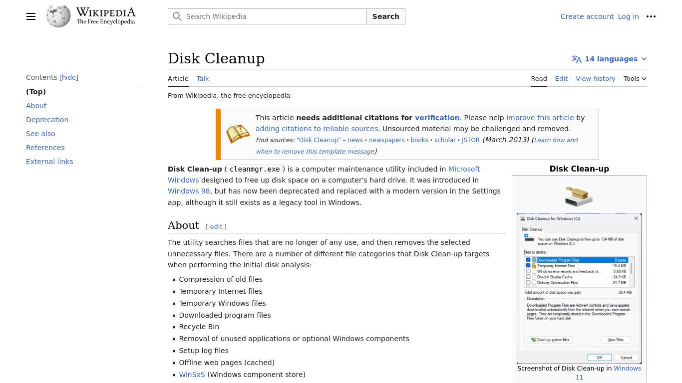 Windows Disk Cleanup Landing page