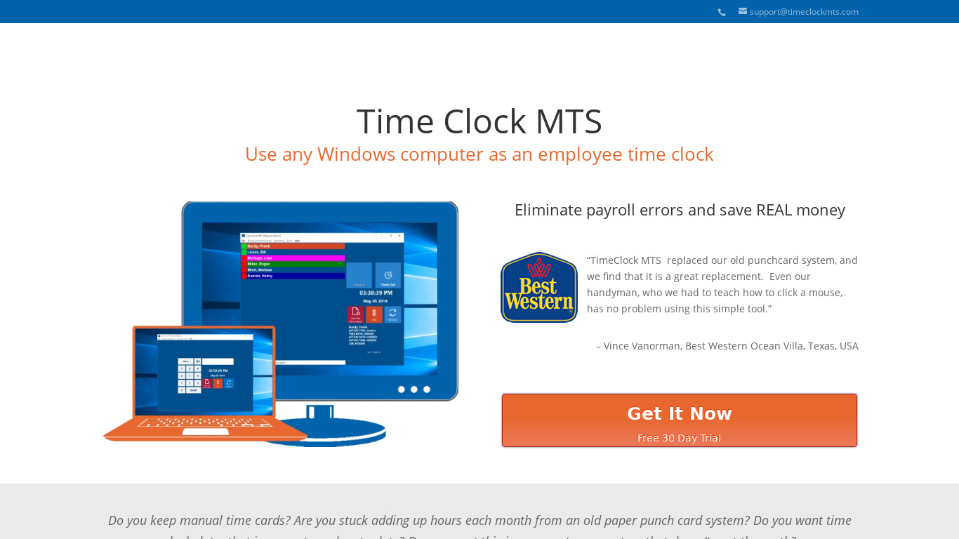 Time Clock MTS Landing page