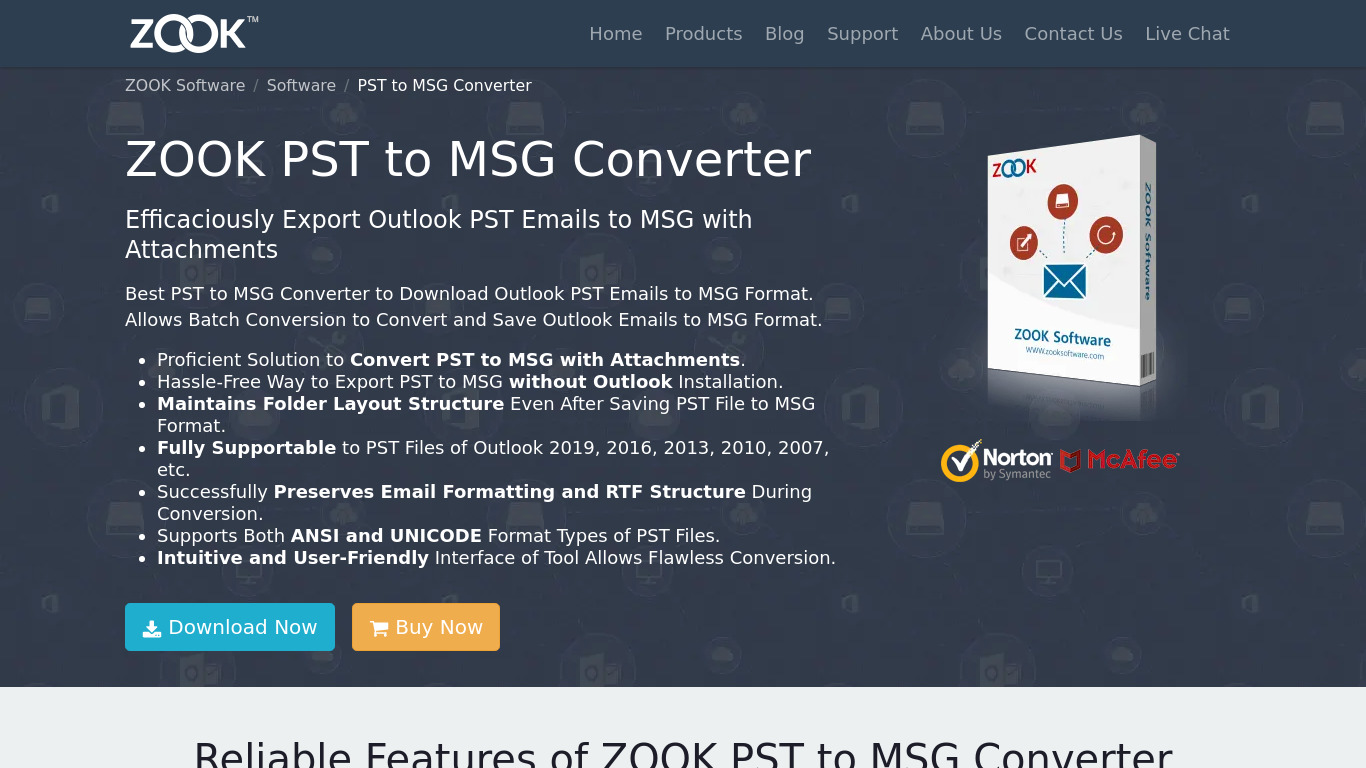 ZOOK PST to MSG Converter Landing page