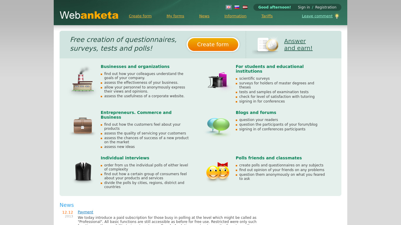 Webanketa.com Landing page