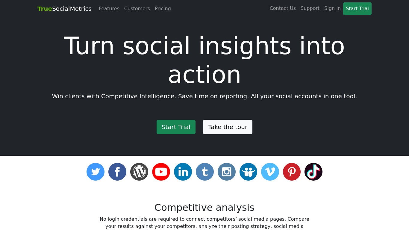 TrueSocialMetrics Landing page