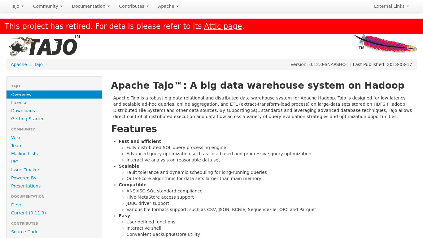 Apache Tajo Landing page