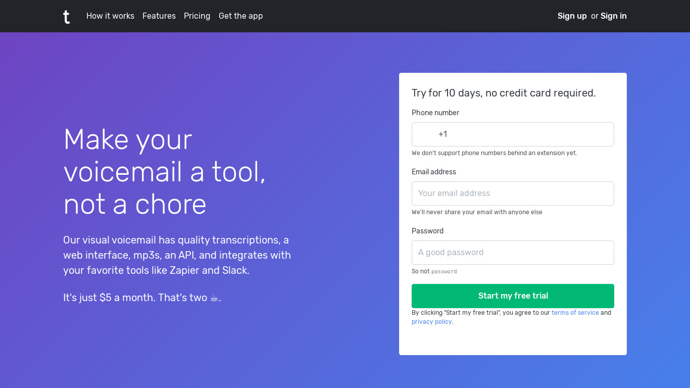 TinyVoicemail Landing page