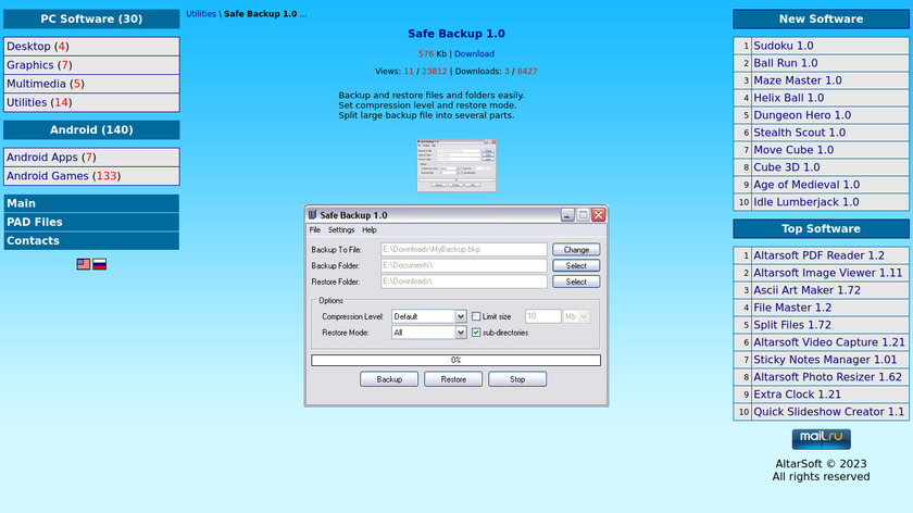 Altarsoft Safe Backup Landing Page
