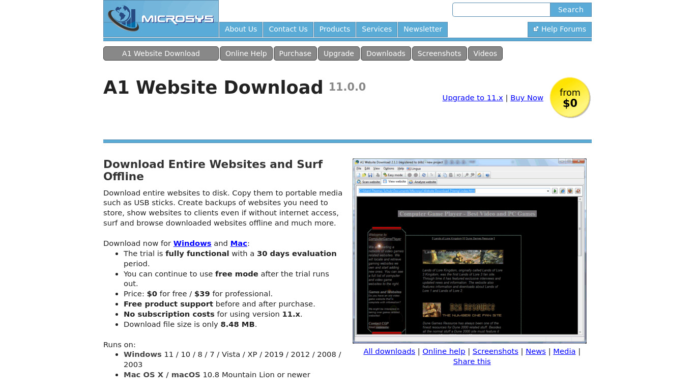 A1 Website Download Landing page