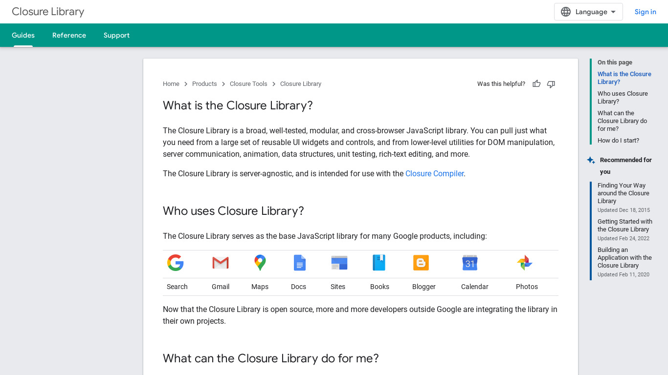 Closure Library Landing page