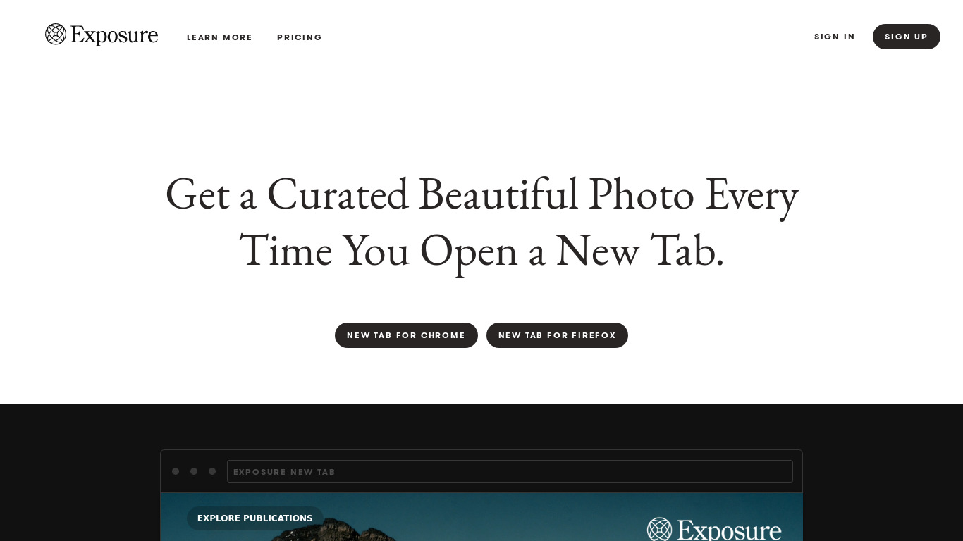 New Tab by Exposure Landing page