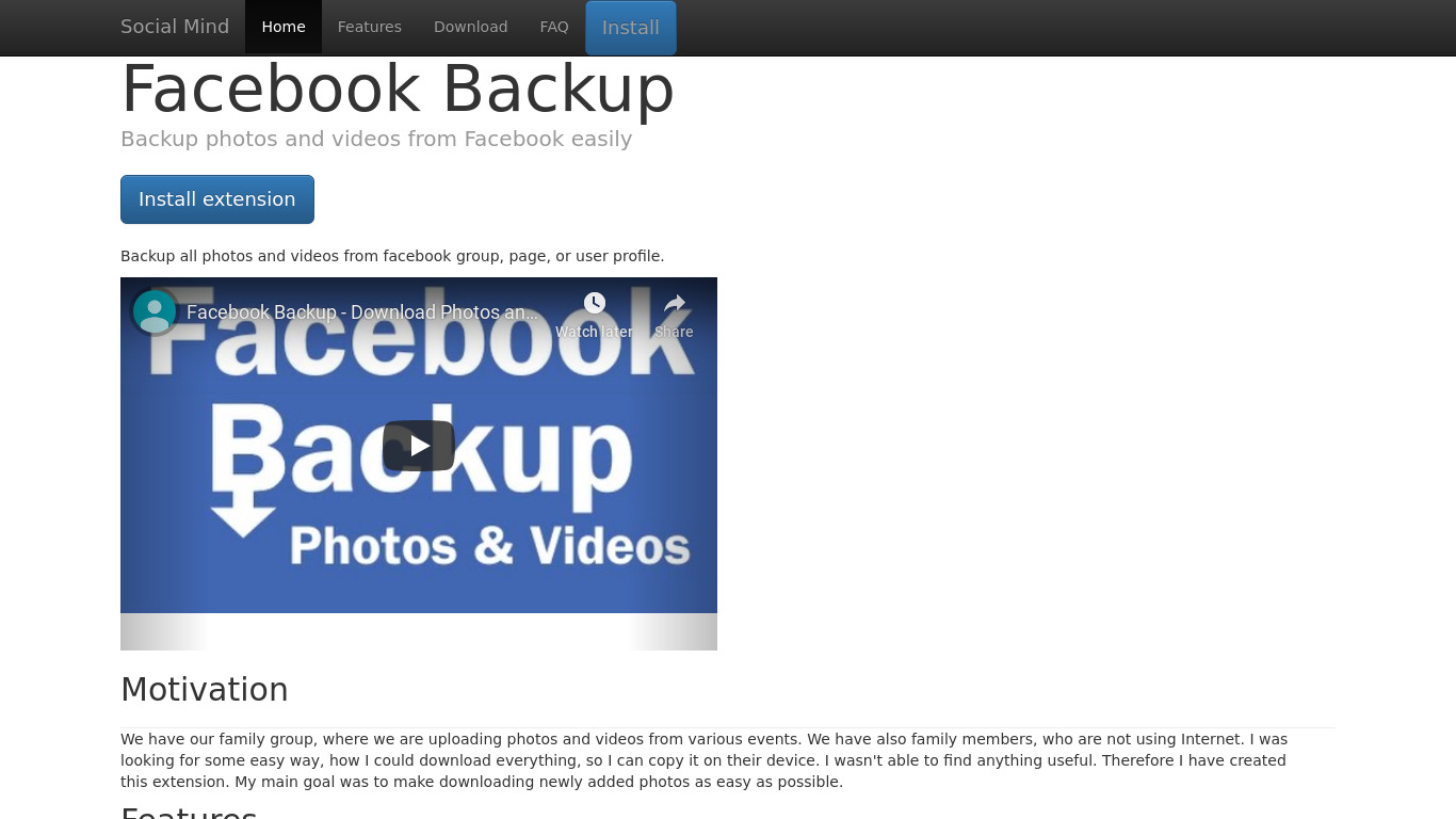 Facebook Backup Landing page