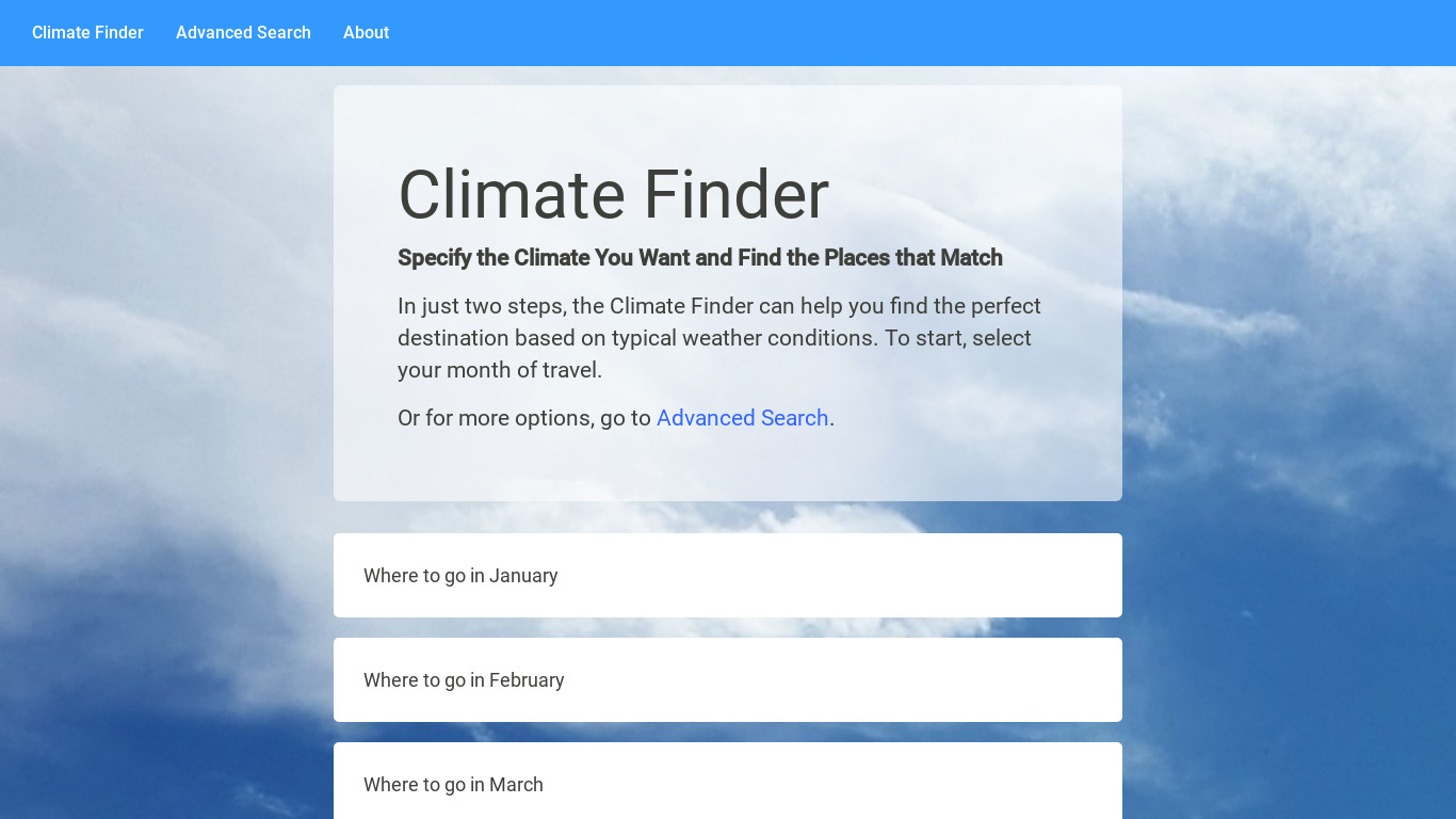 ClimateFinder.com Landing page