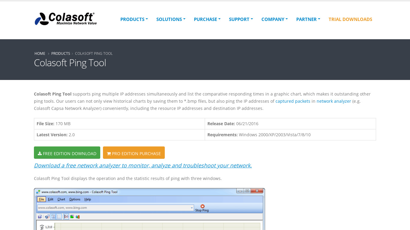 Colasoft Ping Tool Landing page