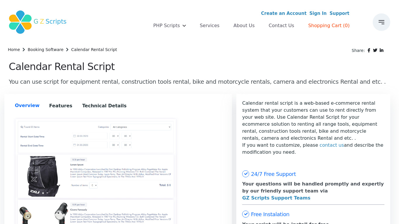 Calendar Rental Script Landing page