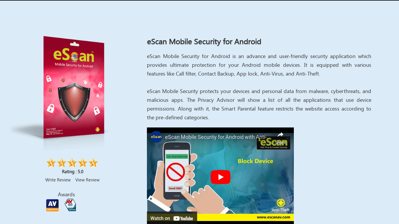 eScan Mobile Security for Android Landing page