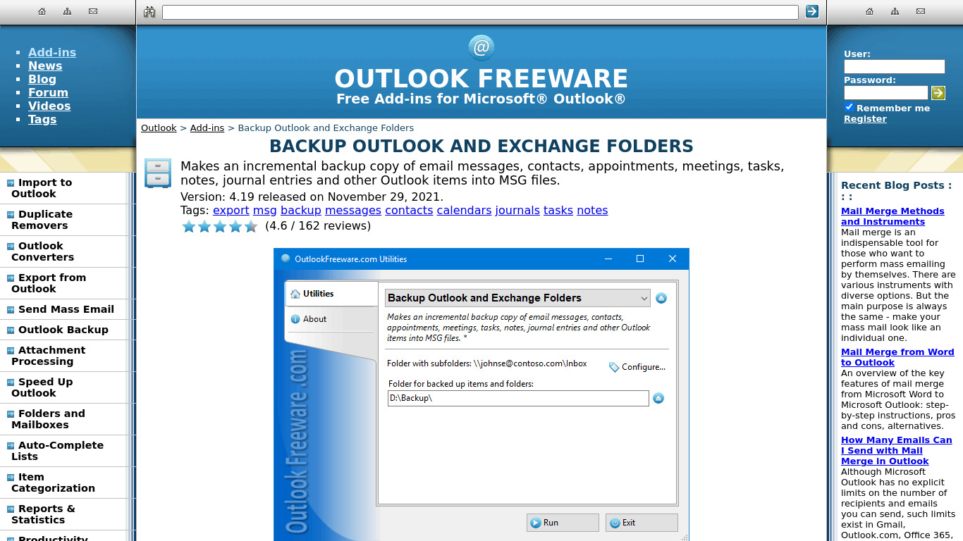 Backup Outlook and Exchange Folders Landing page