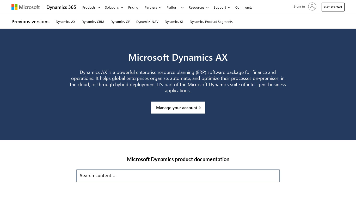 Microsoft Dynamics AX Landing page