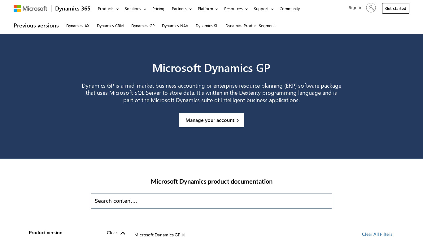 Microsoft Dynamics GP Landing page