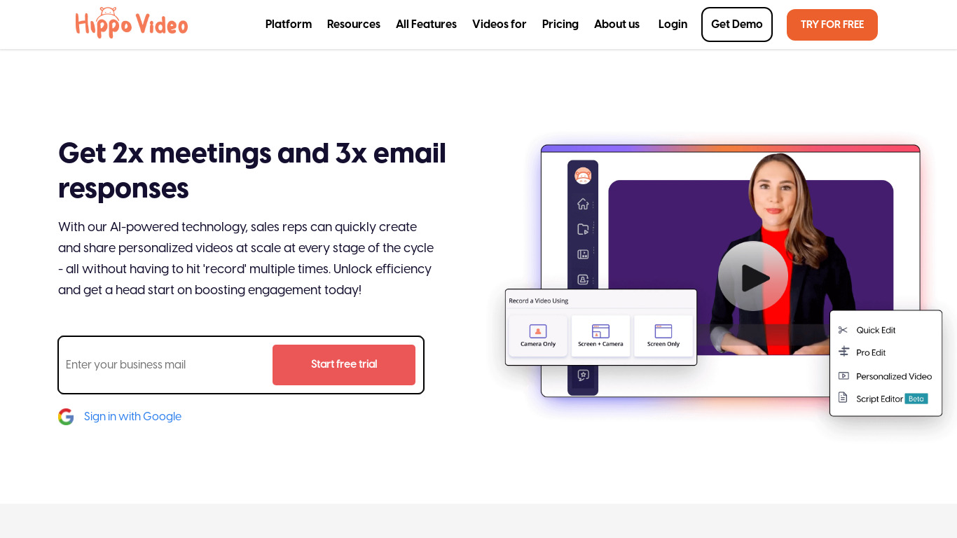 Hippo Video Landing page