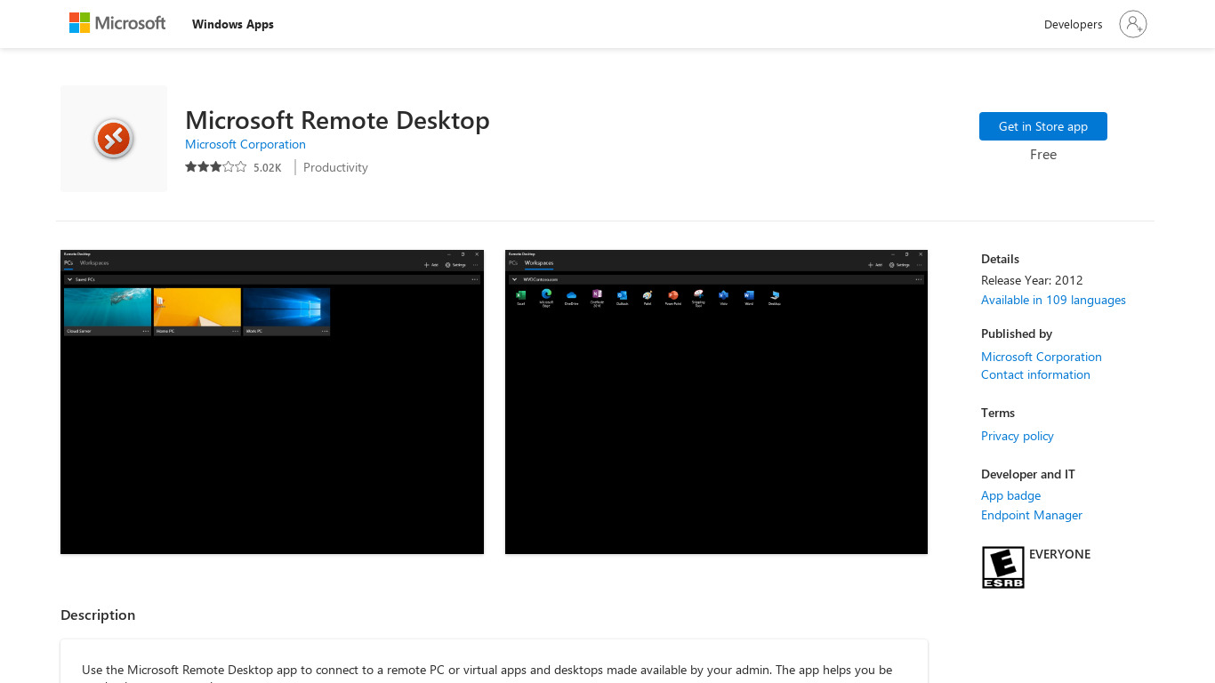 Microsoft Remote Desktop Landing page