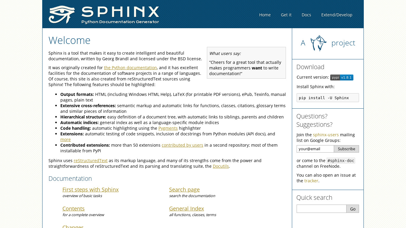 Sphinx Documentation Generator Landing page