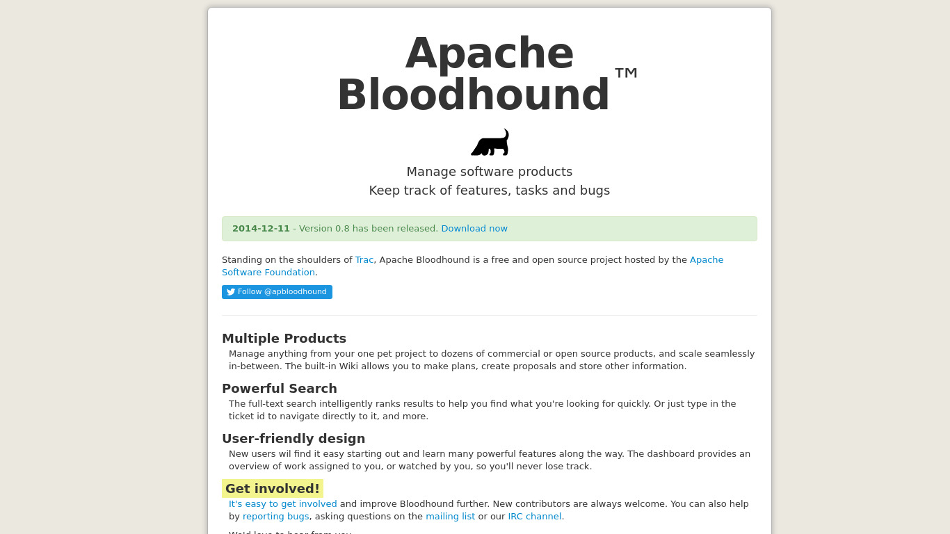 Apache Bloodhound Landing page