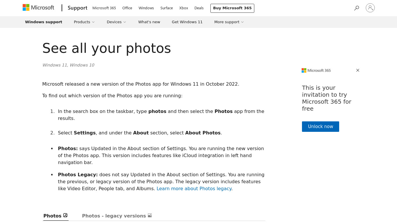 Microsoft Photos Landing page