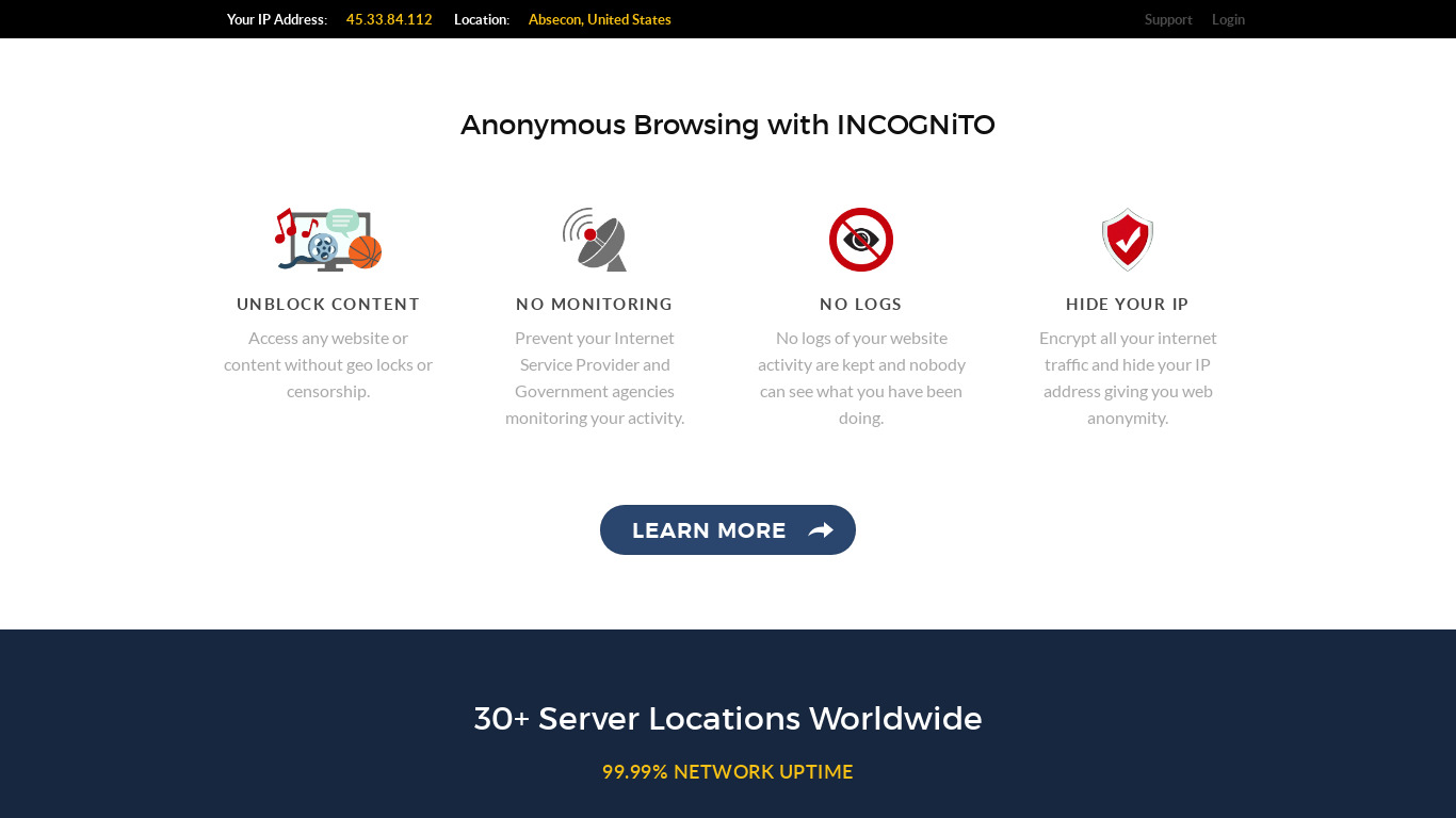 Incognito VPN Landing page