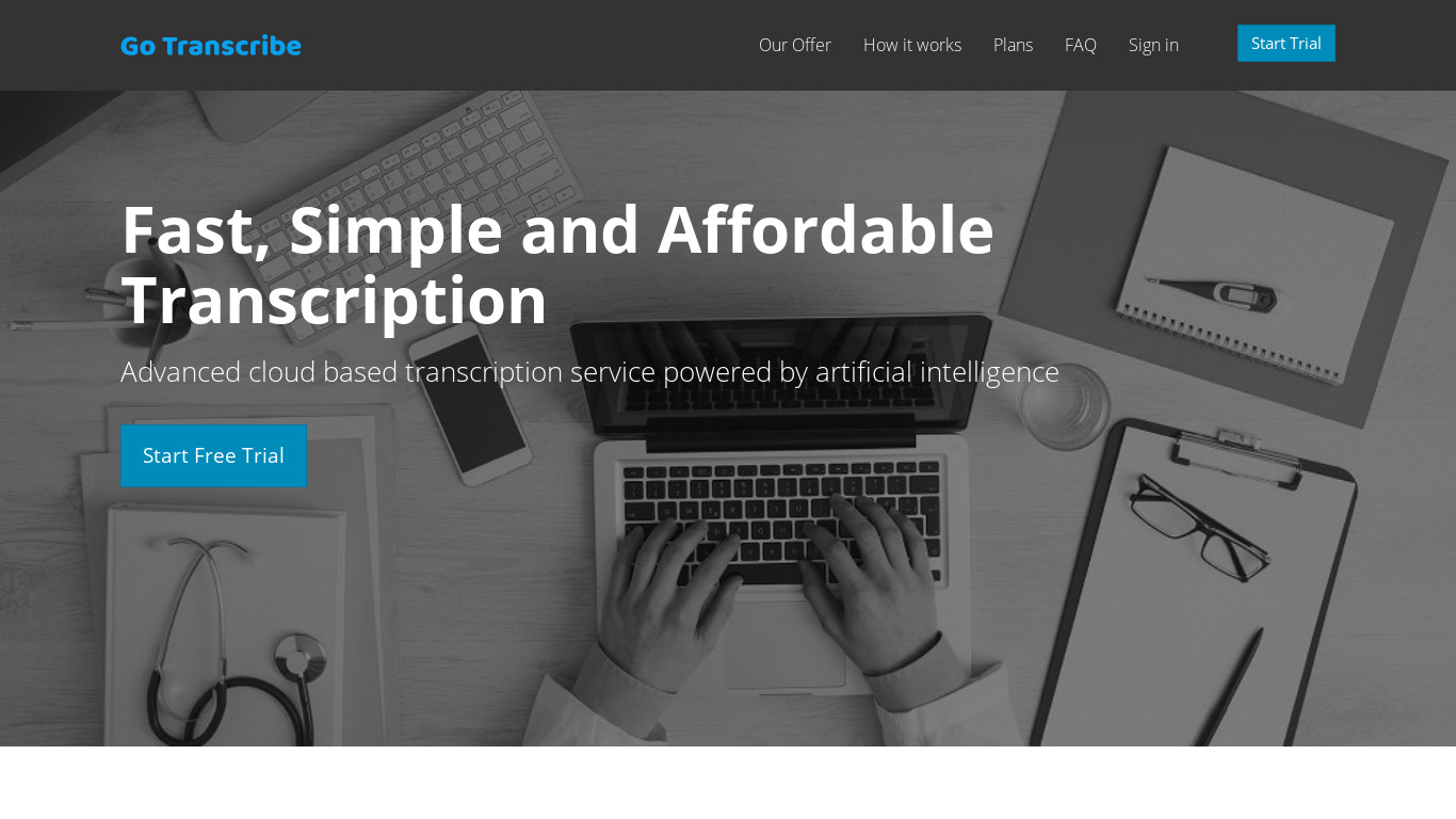 Go Transcribe Landing page