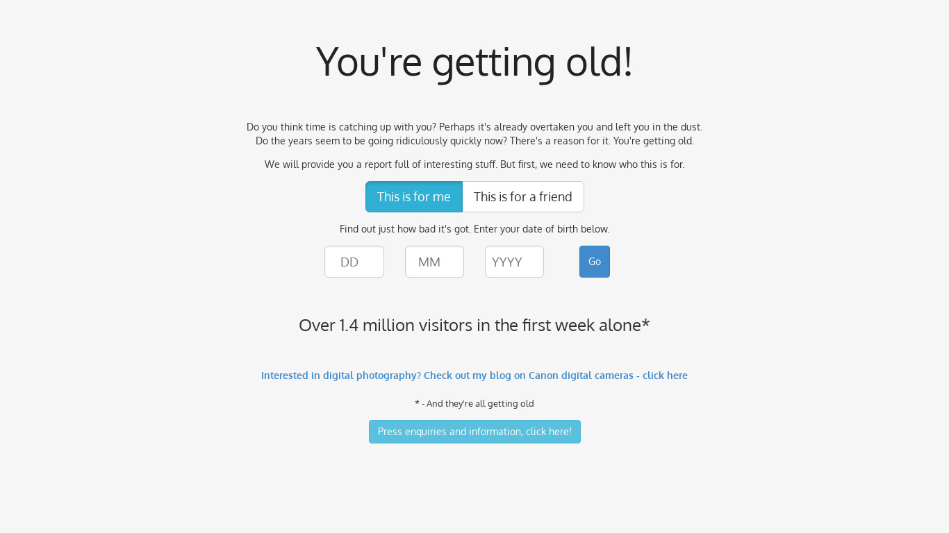 You're Getting Old! Landing page