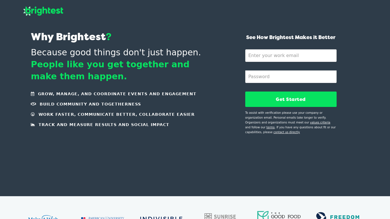 Brightest for Organizations Landing page