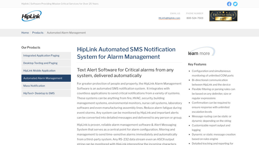 HipLink Automated Alarm Management Landing Page
