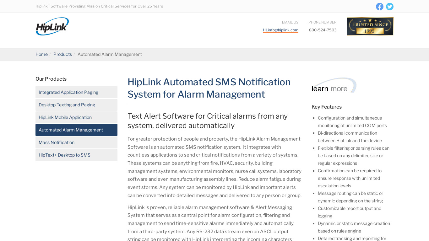 HipLink Automated Alarm Management Landing page