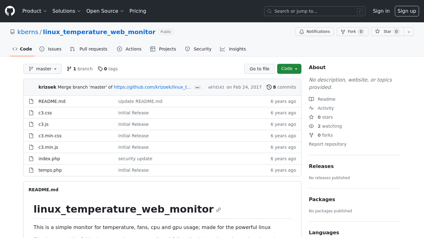 Linux temperature web monitor Landing page