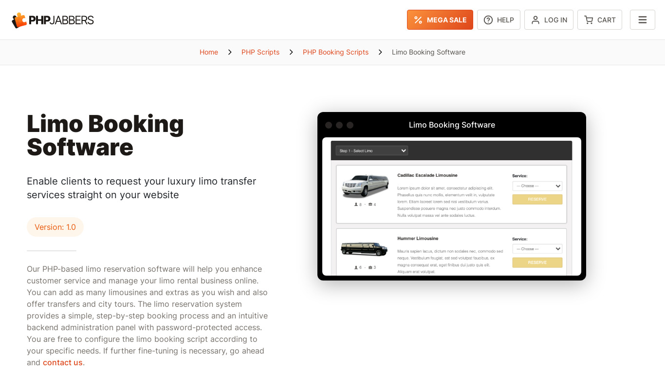Limo Booking Software by PHPJabbers Landing page