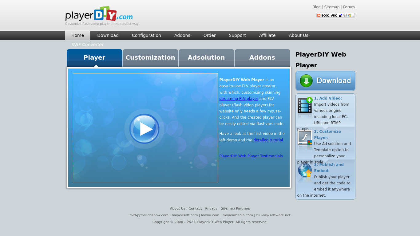Moyea Web Player Landing page