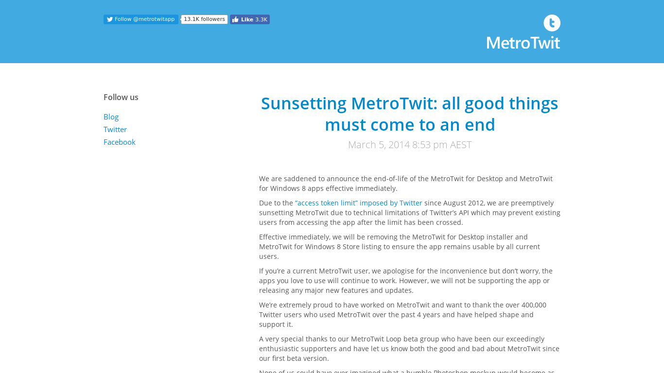MetroTwit Landing page